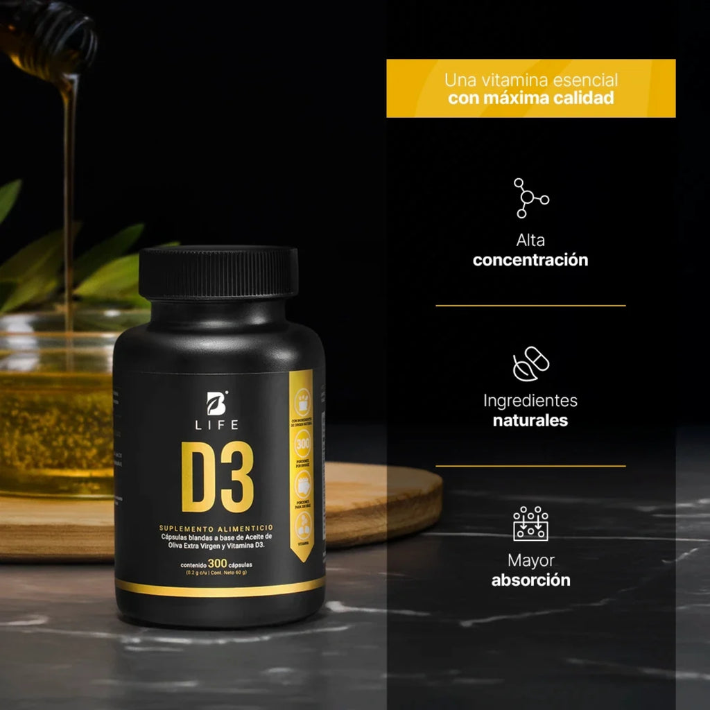 Vitamina D3 B-LIFE con Aceite de Oliva Extra Virgen | 300 Cápsulas