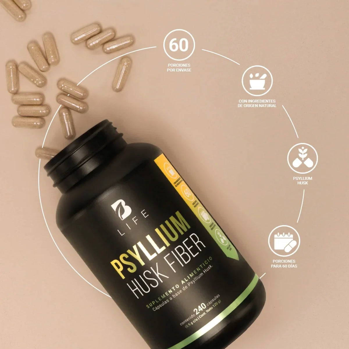 Psyllium Husk Fiber B Life | Fibra Natural 240 Cápsulas