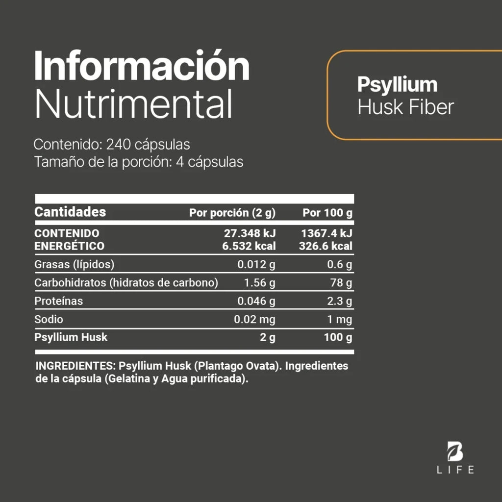Psyllium Husk Fiber B Life | Fibra Natural 240 Cápsulas